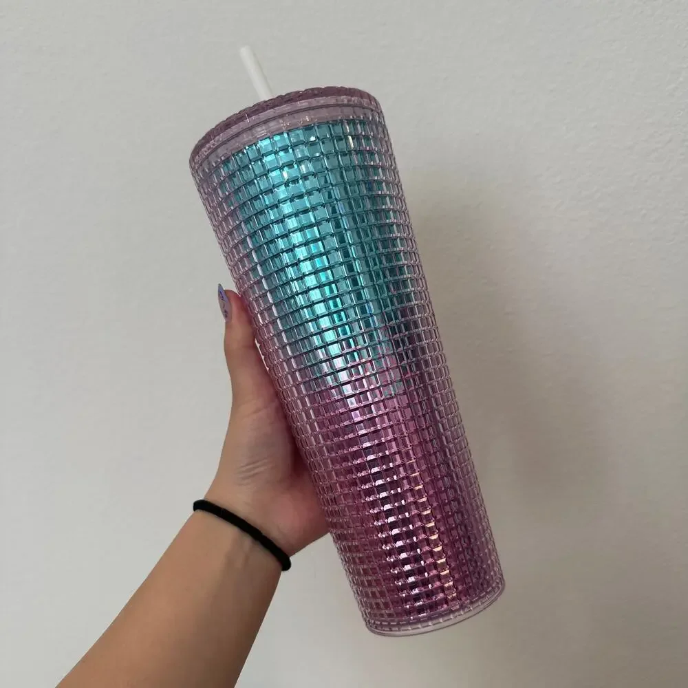 Starbucks iridescent grid pink blue disco acrylic cold cup tumbler 24oz